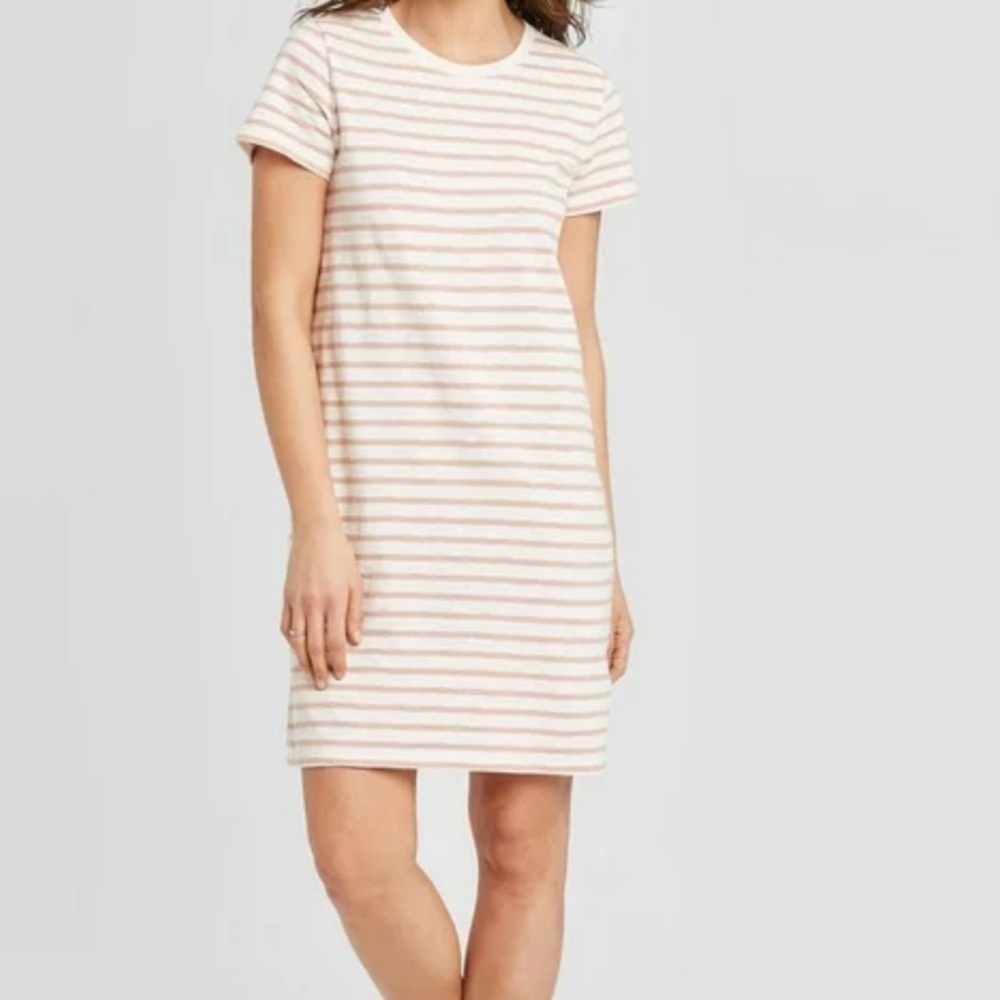 Universal Thread Women's Striped Short Sleeve T-Shirt Dress White And Beige - Picture 2 of 8